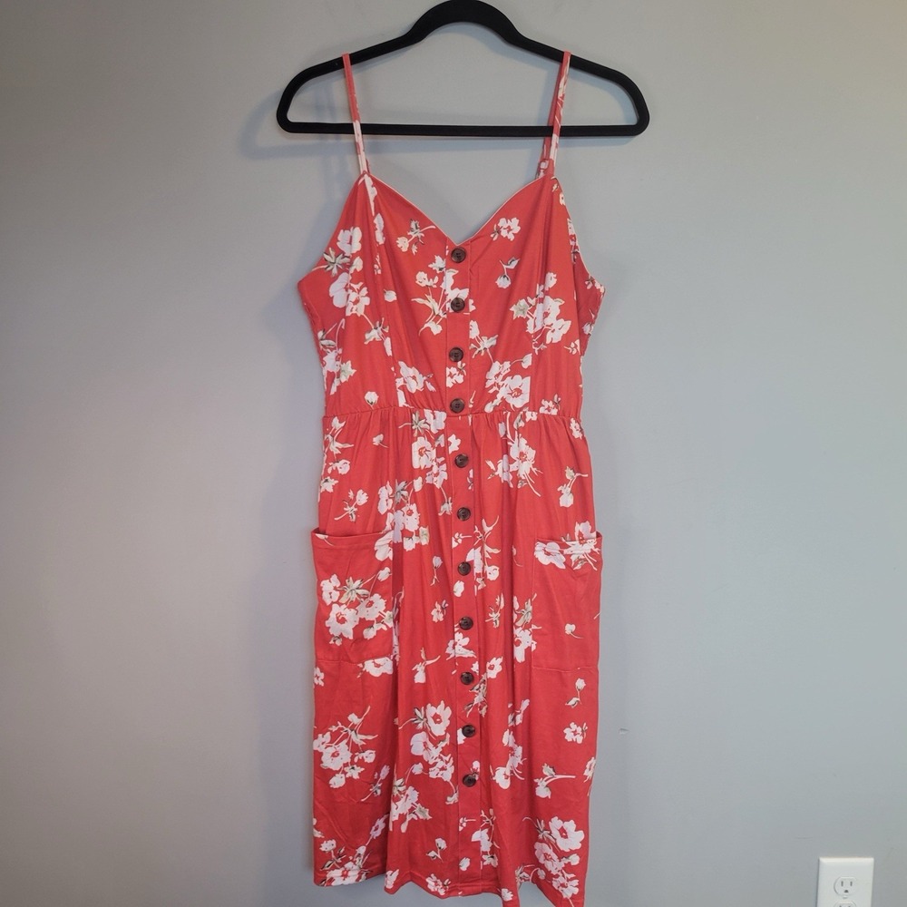 Angashion Dress Women's Size XL Red White Floral Sleeveless